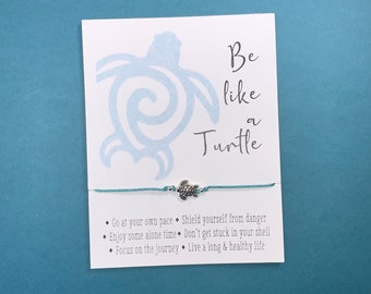 Animal Jewelry: Bracelet on Inspirational "Be Like a Turtle Card" w/ Antique Silver Charm  and Cotton Cord w/ Sliding Knots - Free Shipping