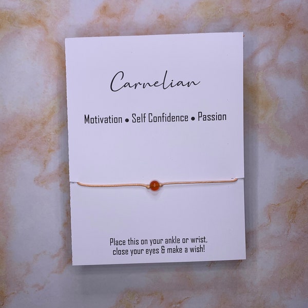 Bracelet / Anklet Inspirational Card - 6mm Genuine Carnelian Gemstone Bead on Cotton, Motivation, Self Confidence, Passion - Free Shipping
