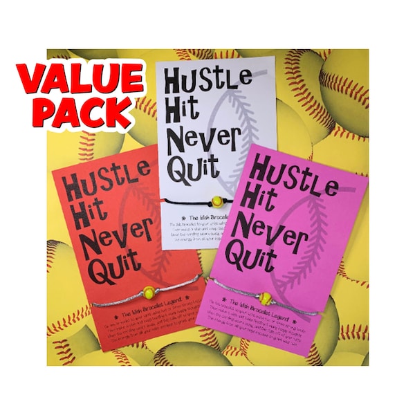 Value Pack: Red, White, or Pink Inspirational Card with Softball Charm Wish Bracelet on “Hustle, Hit, Never Quit” - Bulk Discount Pricing