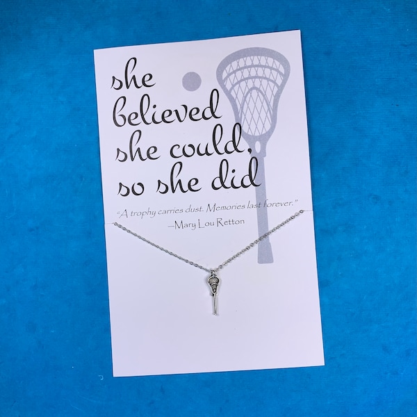 Sports Jewelry: Necklace w/ Antique Silver Lacrosse Stick on Stainless Steel Chain & Inspirational "She Believed She Could So She Did" Card