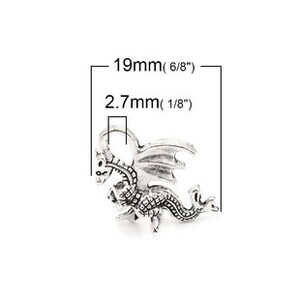 May include: Silver-toned dragon charm with detailed wings and scales, measuring 19mm (6/8") long and 2.7mm (1/8") wide.