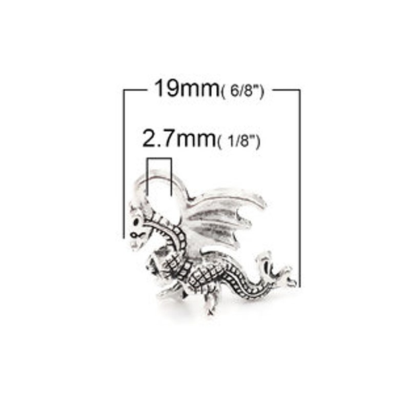 May include: Silver-toned dragon charm with detailed wings and scales, measuring 19mm (6/8") long and 2.7mm (1/8") wide.