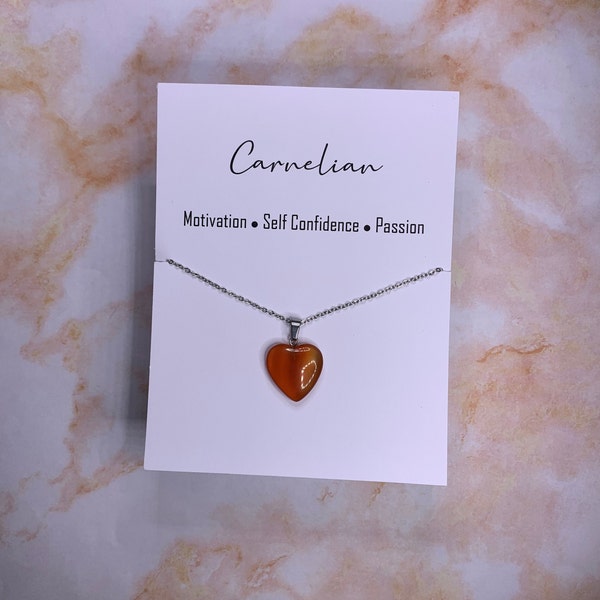 Natural Carnelian Genuine Gemstone / Crystal Heart Shaped Pendant Necklace on Stainless Steel Chain or Cotton Wax Cording - Free Shipping