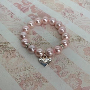 Pearl Beaded Bracelet w/ Silver Big Sister Charm & Rhinestone for Young Girls with New Baby Sister or Brother - Many Colors - Free Shipping