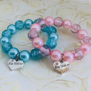 Pearl Bracelet w/ Silver Big Sister Charm & Resin Glitter Beads for Young Girls with New Baby Sister / Brother - Many Colors - Free Shipping