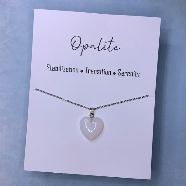 Genuine Opalite Crystal Pendant in Heart Shape (22x21mm) on Stainless Steel Chain or Black Cord Necklace, Inspirational Card - Free Shipping
