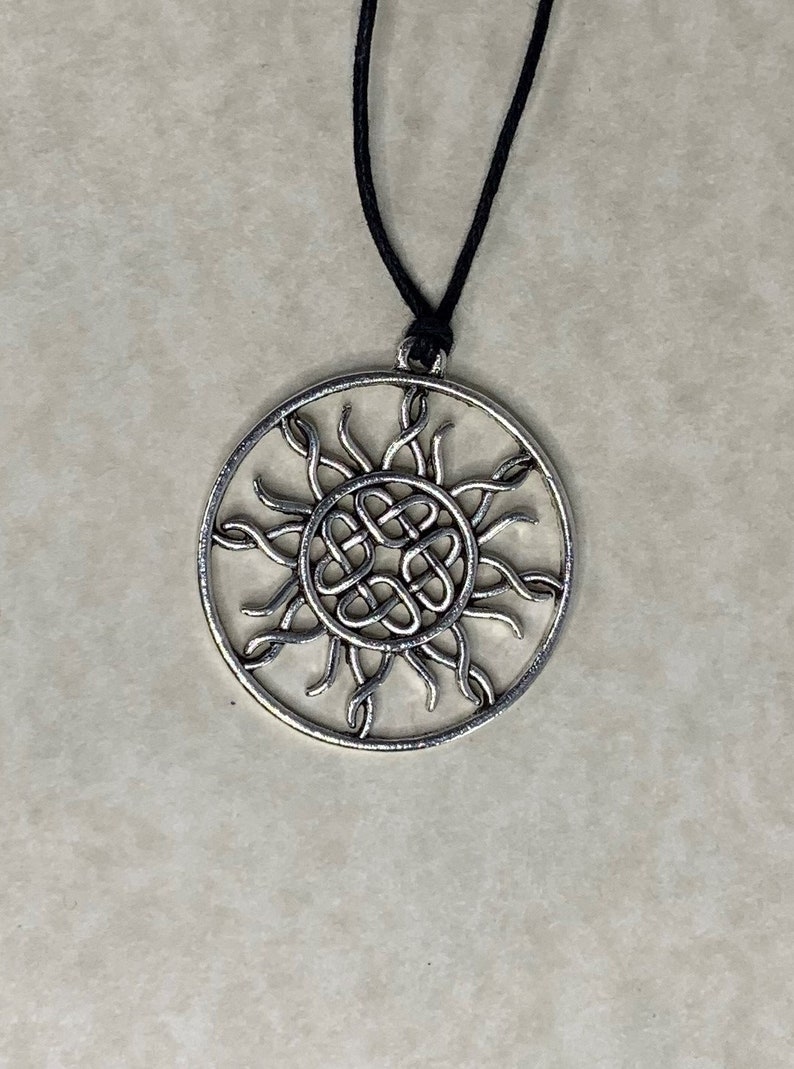 Celestial Jewelry: Antique Silver Sun Charm 5 Choices Necklace on Black Cotton Wax Cord with Two Adjustable Sliding Knots Free Shipping image 5