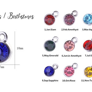 May include: Twelve silver charms with different colored rhinestones, each representing a birthstone for a different month. The charms are 7 mm in diameter and have a loop for attaching to a necklace or bracelet. The birthstones are: January - Siam, February - Amethyst, March - Aqua, April - Clear, May - Emerald, June - Light Amethyst, July - Siam, August - Peridot, September - Sapphire, October - Rose, November - Topaz, December - Blue Zircon.