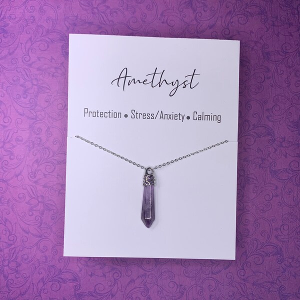 Genuine Natural Gemstone Crystal Amethyst Mini Bullet Shape Pendant on Stainless Steel Necklace and Inspirational Card - Free Shipping