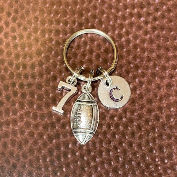 Sports Jewelry: Keychain w/ Large Antique Silver Football Charm, Player Initial, Jersey Number - Ring or Lobster Claw Hook - Bulk Discounts