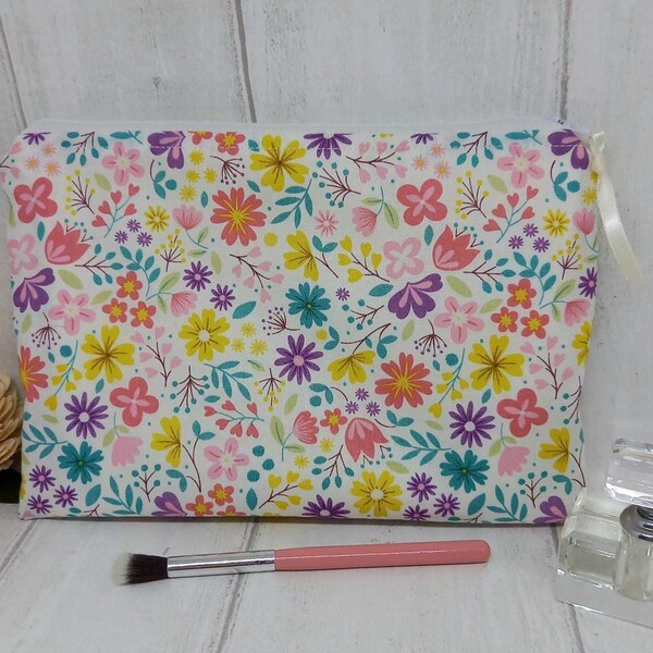 Make up bag, Springtime flowers, Floral cosmetics bag, fabric zip pouch, Handmade bag, Gifts for her