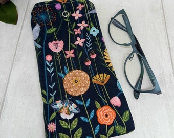 Glasses case, Floral Sunglasses pouch, Handmade gifts for her, Butterfly and flowers, Black, colourful glasses case, Travel accessories