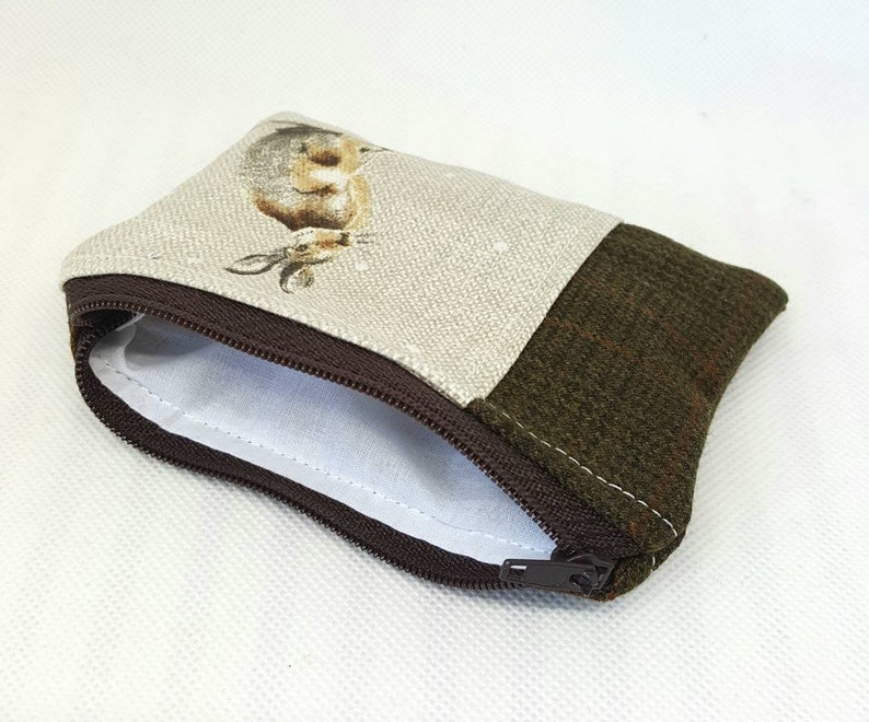 Handmade gifts gifts for her Coin purse money pouch Hare coin purse animal lovers gifts Tweed zip pouch