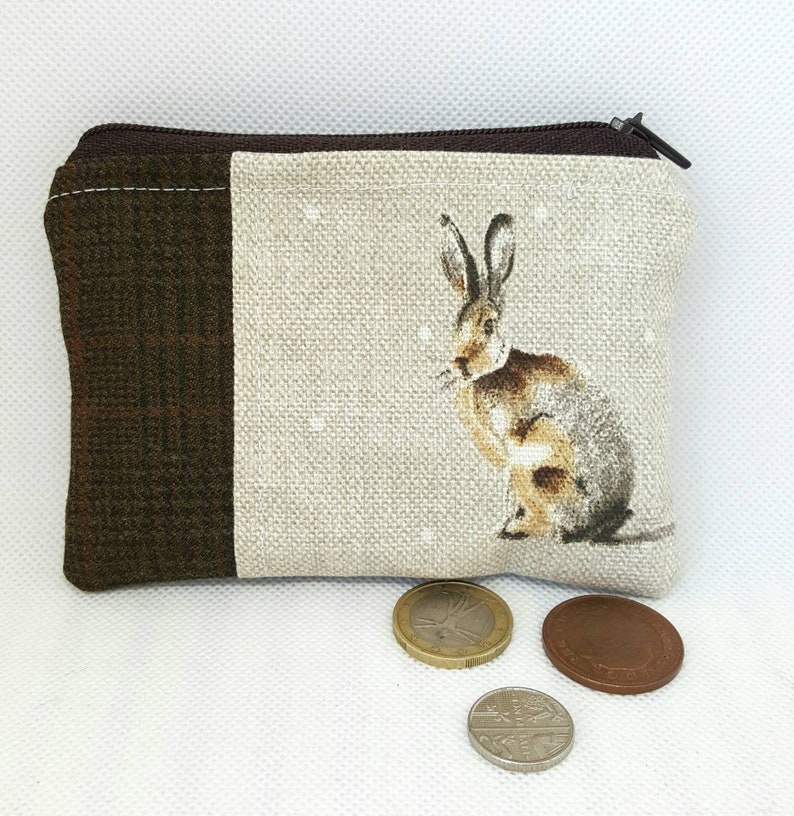 Handmade gifts gifts for her Coin purse money pouch Hare coin purse animal lovers gifts Tweed zip pouch