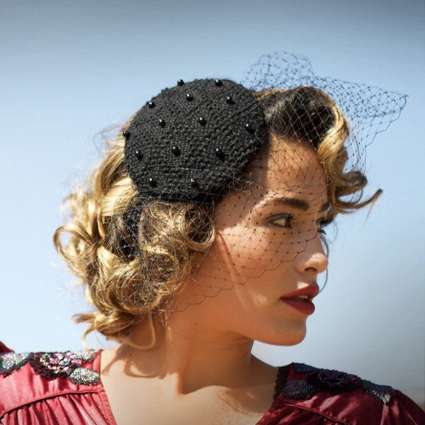 KNITTING PATTERN - Black fascinator with veil, Funeral hat with veil, Vintage Style Bridal PillBox Hat w veil, millinery, bridal fascinator