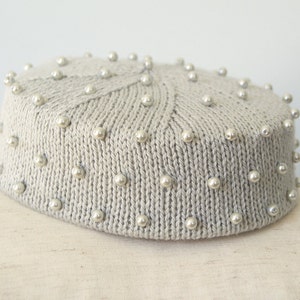 SAMPLE SALE - Silver PillBox Hat with Pearls - Knitted Cotton / Silk - Darla