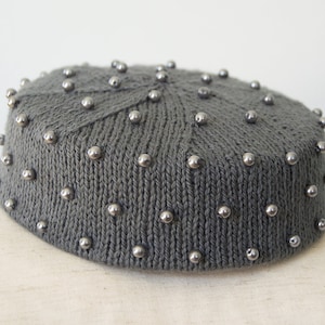 SAMPLE SALE - Charcoal PillBox Hat with Pearls - Knitted Cotton / Silk - Darla
