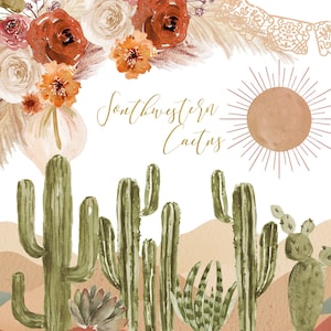 Elegante clipart di cactus del sud-ovest dell'acquerello, clipart di verde cactus messicano, collezione digitale di cactus West One, clipart di cactus del Texas