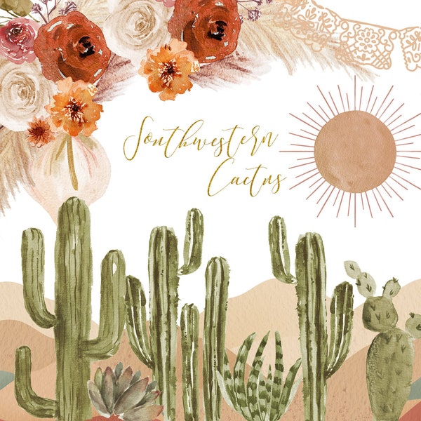 Elegant Watercolor Southwestern Cactus Clipart, Mexican Cactus Greenery Clip Art, West One Cactus digital collection, Texas cactus clipart