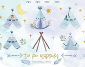 Watercolor boho teepee clip art, arrow feathers blue clip art, purple boho tee pee, Watercolor pastel teepee, wild moon stars clip art