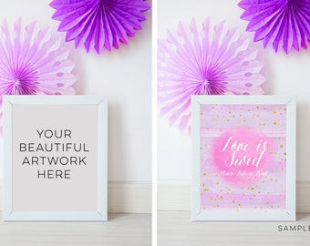 Download Free frame Wedding mockup, White Frame 10 x 8 Mockup, pastel Birthday party mockup, photo frame, feminine Wedding Styled Stock purple lilac PSD Template