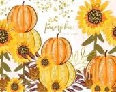 Pumpkin orange watercolor, Separate element, Autumn Fall DIY Clip Art, greeting card clip art, Pumpkins Sunflowers graphic pumpkin art print