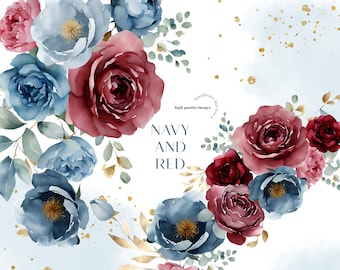 Clipart de bouquets aquarelle de fleurs bleu marine et rouges élégants, cadres géométriques dorés premade mariage floral bleu marine, fournitures de fête rouge bordeaux