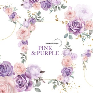 Eleganti fiori viola e rosa acquerello bouquet clipart, lilla floreale matrimonio premade oro geometriche cornici rosa fiori doccia clipart