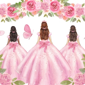 Elegante Rosa Prinzessinenkleider Quinceaňera Rosa Blumen Aquarell Clipart, Gold und Rosa Schmetterling Clipart, Mis quince Keile Mode, CA154