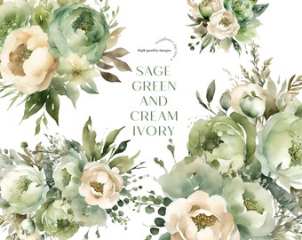 Watercolor Sage Green Flowers Bouquets Birthday Clipart, Elegant Ivory Cream Floral Wedding Premade Gold Geometric Party Supplies Clipart