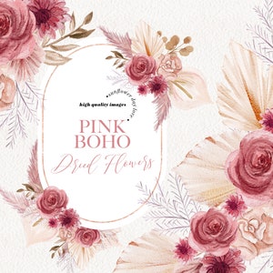 Clipart di erba della pampa floreale essiccata rosa Boho, fiori secchi rosa antico, foglia di palma, corona di pampa, arco Boho acquerello opaco oro rosa, CA167