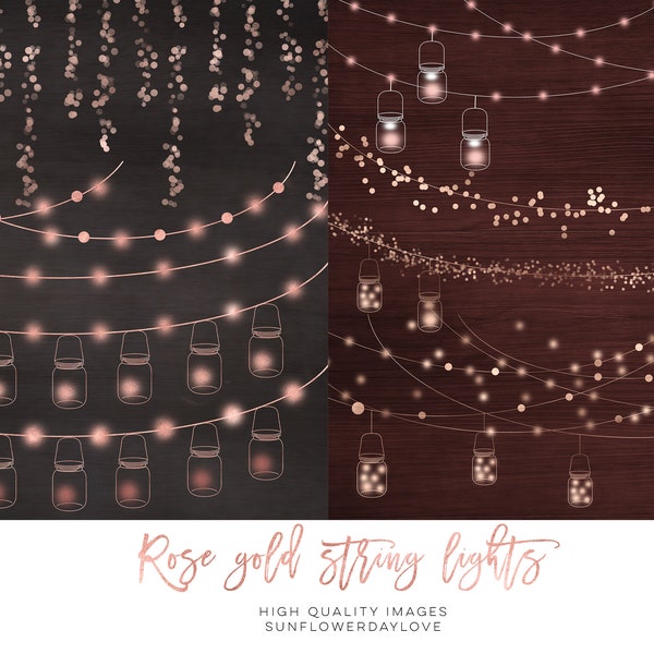 String lights overlay, fairy lights, Christmas lights, Wedding clipart, Sparkling Wedding Digital clipart, Bokeh Rose Gold String Lights