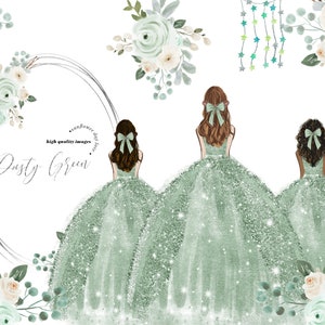 Sage Green Princess Dress Clipart, Sage Green Flowers watercolor clipart, Dusty Green Quinceañera clipart, Wedding Gold Geometric, CA104 image 1