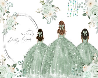 Sage Green Princess Dress Clipart, Sage Green Flowers watercolor clipart, Dusty Green Quinceañera clipart, Wedding Gold Geometric, CA104