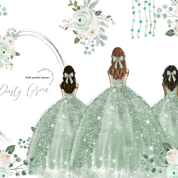 Sage Green Princess Dress Clipart, Sage Green Flowers watercolor clipart, Dusty Green Quinceañera clipart, Wedding Gold Geometric, CA104