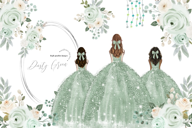 Sage Green Princess Dress Clipart, Sage Green Flowers watercolor clipart, Dusty Green Quinceañera clipart, Wedding Gold Geometric, CA104 image 1