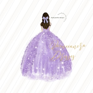 Clipart de aquarela de princesa roxa, clipart de quinceañera lilás roxo, vestidos de noiva lilás elegantes para aniversário de quince com glitter prateado CA104