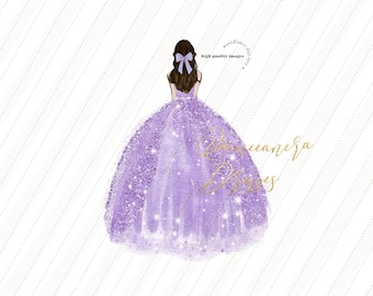 Purple Princess watercolor clipart, Purple Lilac Quinceañera clipart, Elegant Lilac Wedding Dresses Mis quince Birthday Silver Glitter CA104