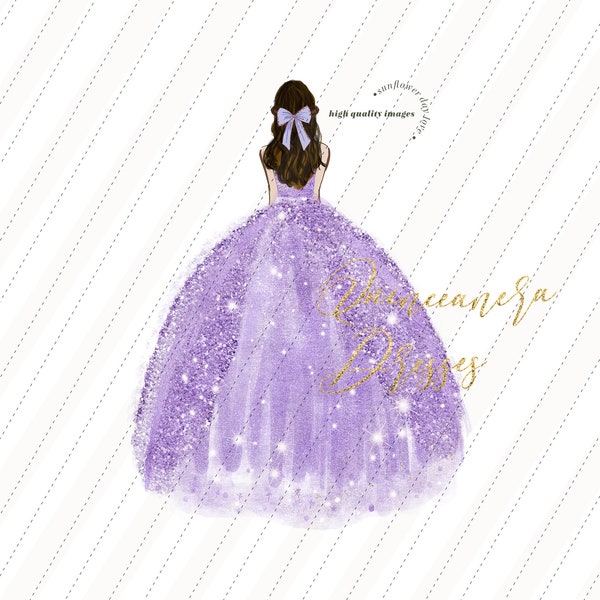 Purple Princess watercolor clipart, Purple Lilac Quinceañera clipart, Elegant Lilac Wedding Dresses Mis quince Birthday Silver Glitter CA104