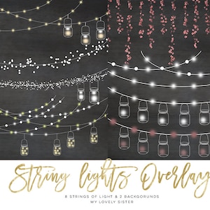 Clipart de guirlandes lumineuses, guirlandes lumineuses pour tableau noir, guirlandes lumineuses, clipart anniversaire pot Mason, superposition de guirlandes lumineuses, lumière de Noël