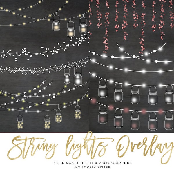 String Lights Clipart, Mason jar Chalkboard Party Lights, Wedding Lights, Birthday Mason Jar clip art, String light overlay, Christmas light