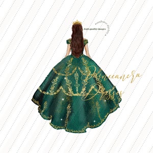 Clipart de acuarela de princesa verde esmeralda, clipart de quinceañera verde cazador, elegantes vestidos de novia con corona dorada y purpurina, CA155