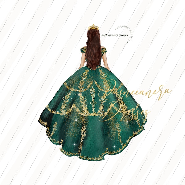 Emerald Green Princess watercolor clipart, Hunter Green Quinceañera clipart, Elegant Wedding Dresses Mis quince Gold Crown Glitter, CA155