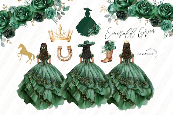 Emerald Green Princess Dress Clipart, Green Flowers Watercolor Hunter Green  Quinceaera Boots Clipart, Mexican Wedding Dressses Charra CA189 - Etsy  Ireland