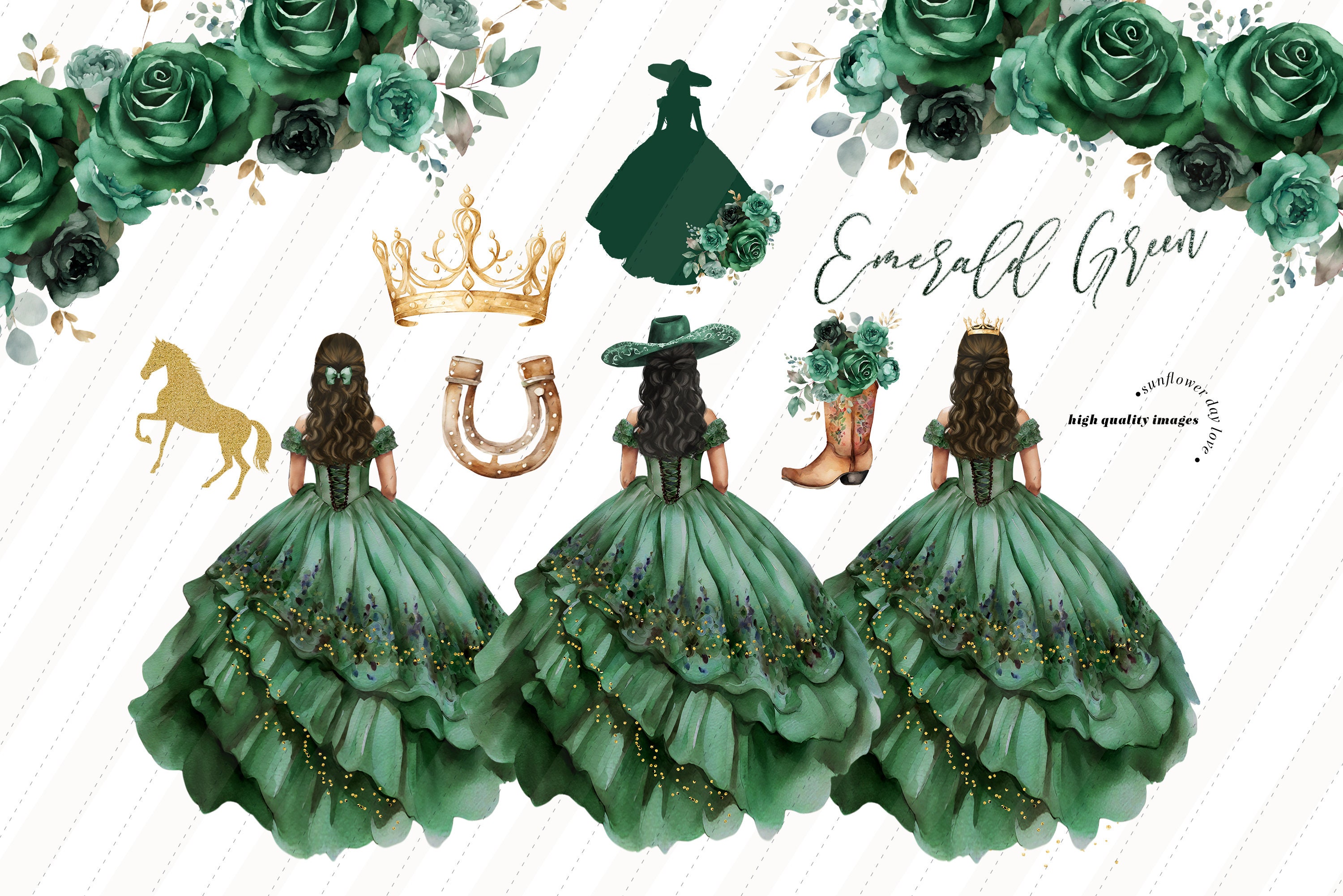 Emerald Green Princess Dress Clipart, Green Flowers Watercolor Hunter ...
