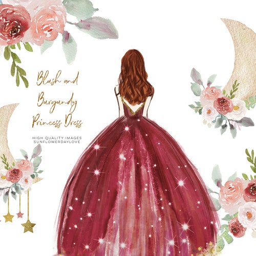 Blush and Burgundy Princess Dress Clipart Burgundy Watercolor - Etsy