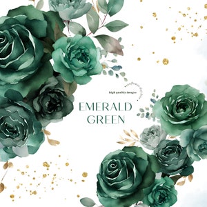 Clipart di mazzi di fiori verde smeraldo acquerello, elegante verde cacciatore floreale, verde Quinceañera, clipart di cornice geometrica dorata