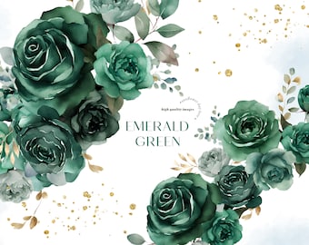 Watercolor Emerald Green Flowers Bouquets Clipart, Elegant Emerald Green Floral Wedding Premade Gold Geometric Party Supplies Frame Clipart