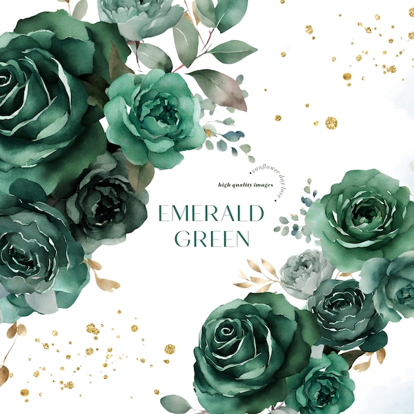 Watercolor Emerald Green Flowers Bouquets Clipart, Elegant Hunter Green Floral Wedding Premade Gold Geometric Party Supplies Frame Clipart