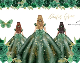 Hunter Green Princess Dress Clipart, Green Flowers watercolor clipart, Emerald Green Quinceañera clipart, Mexican Wedding Dressses, CA154